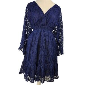 Lace Dress Women's‎ Navy XL Fairy Sleeve Smocked Stretch Waist Elegant Dance NWT